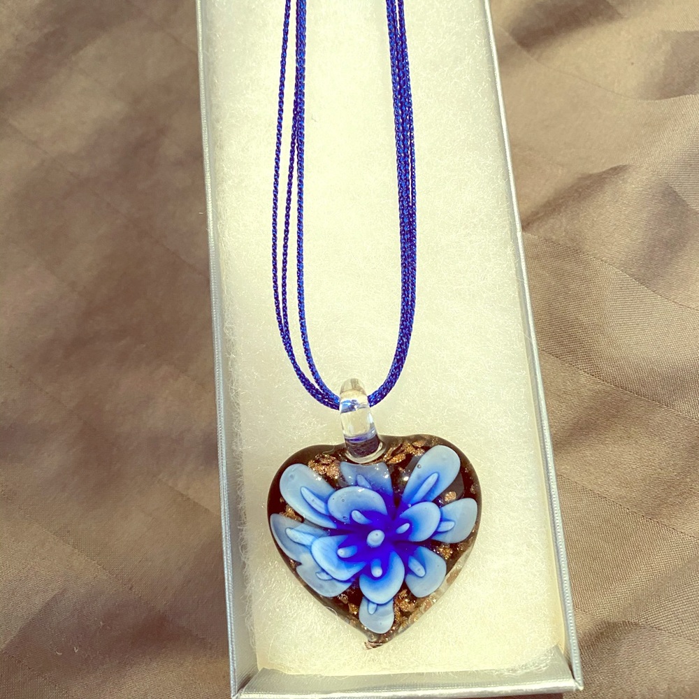 Glass Blue Flower Heart Shaped Necklace 💙